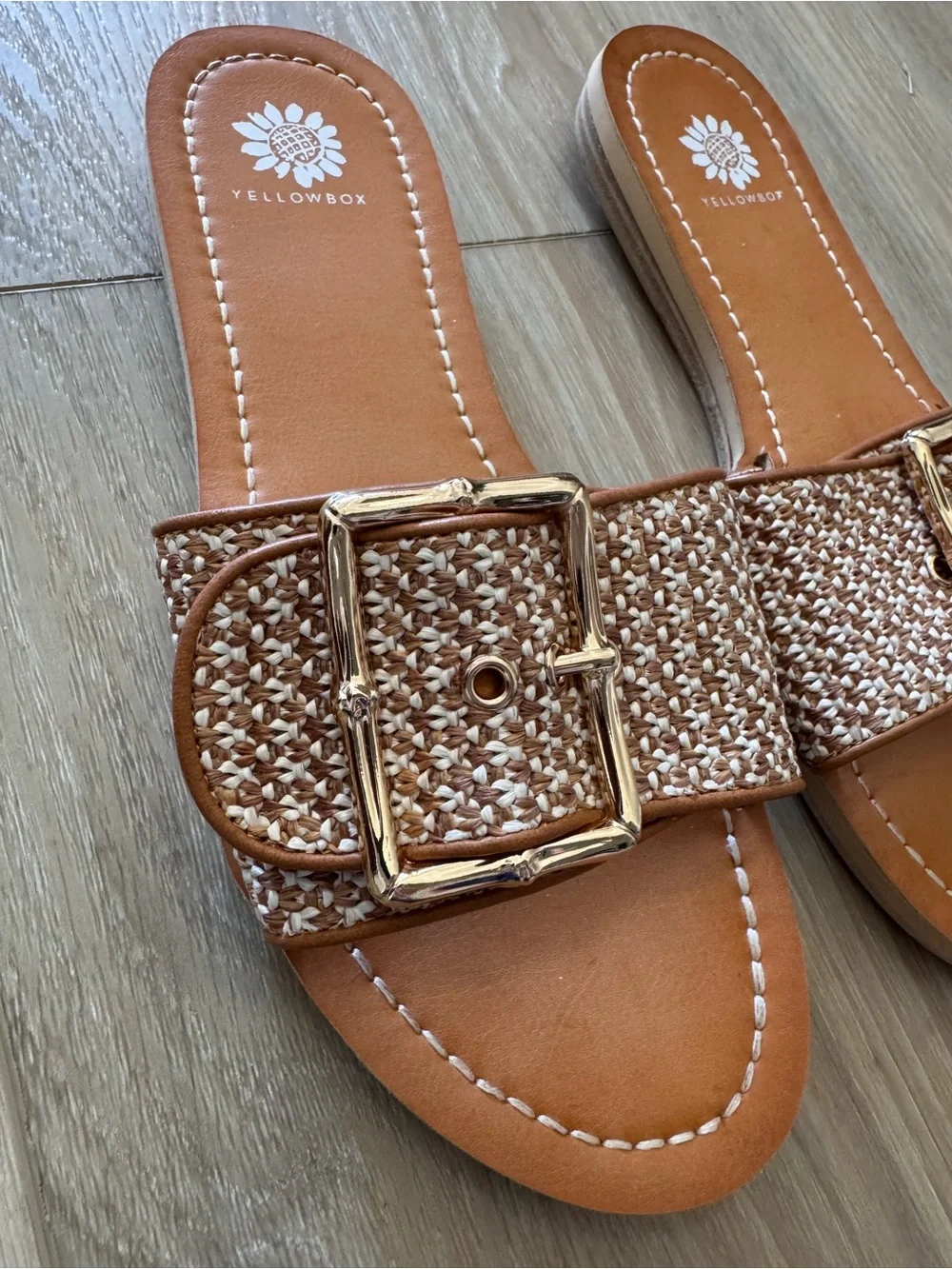 Yellow Box Tan Woven Buckle Slide Sandals with Gold Buckles - Picture 2 of 3